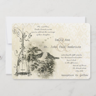 Elfenben Vintage Bird Cage Love birds Inbjudningar