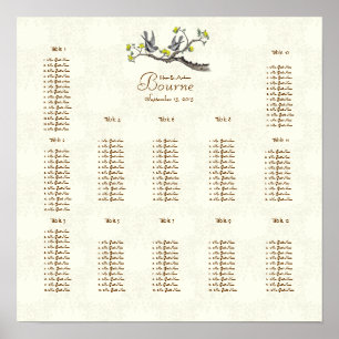 Elfenben Vintage Birds Gult Bloom Seating 12 Bord Poster