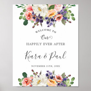 Elfenbenens  Lila Peach Blommigt Greenery Bröllop Poster