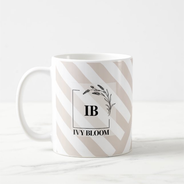 Elfenbens Beige Ränder Monogram Kaffemugg (Vänster)