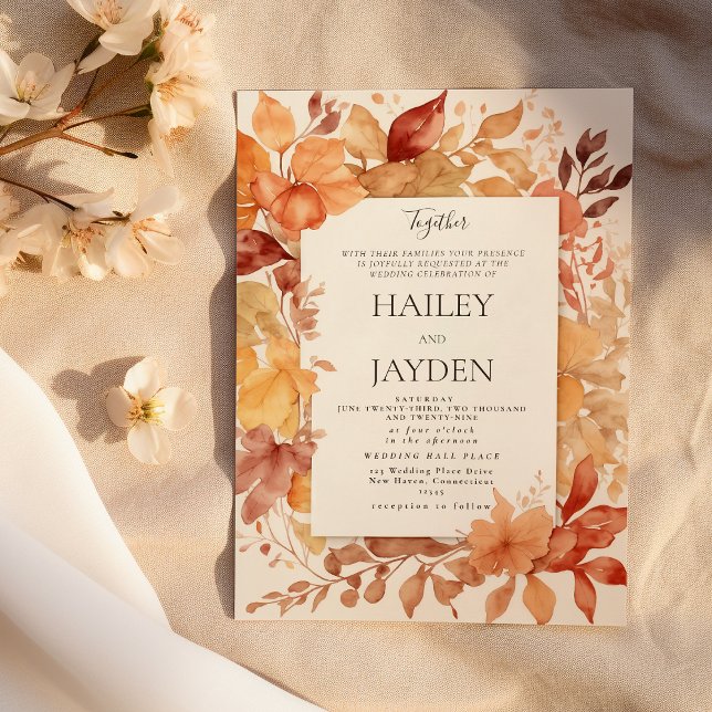 Elfenbens guld burgunder orange Höstblad bröllop Inbjudningar (Ivory gold burgundy orange Autumn leaves wedding )