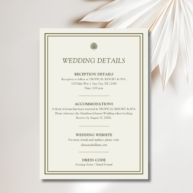 Elfenbens- & Guld Palm Bröllopsinformationskort (Ivory & Gold Palm wedding details card with reception, accommodations, website and dress code)