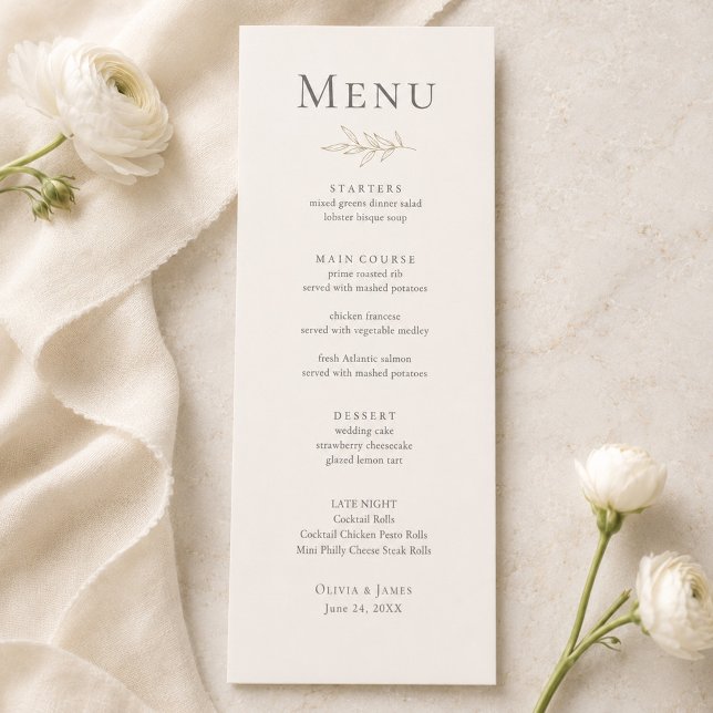 Elfenbens- och antika guld botaniska bröllopsmenyk meny (Ivory & Antique Gold Botanical Wedding Menu Card on an elegant marble table with white flowers)
