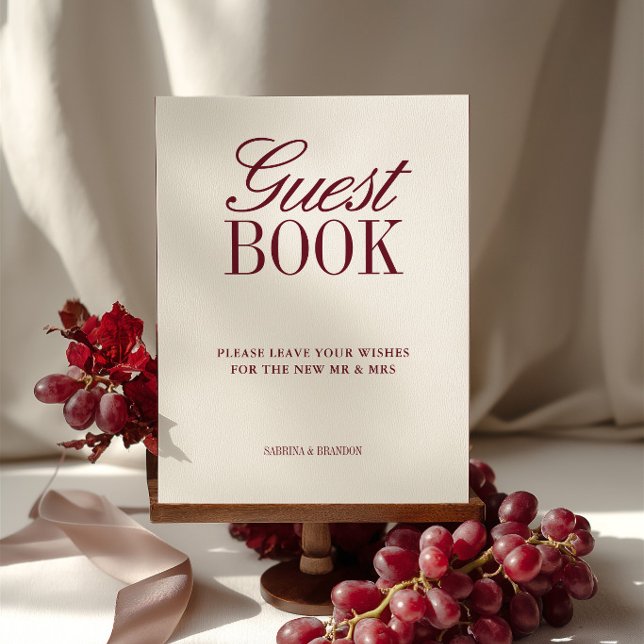 Elfenbens- och burgunderröd gästboksskylt för bröl (Ivory & Burgundy Guest Book Wedding Tabletop Sign)