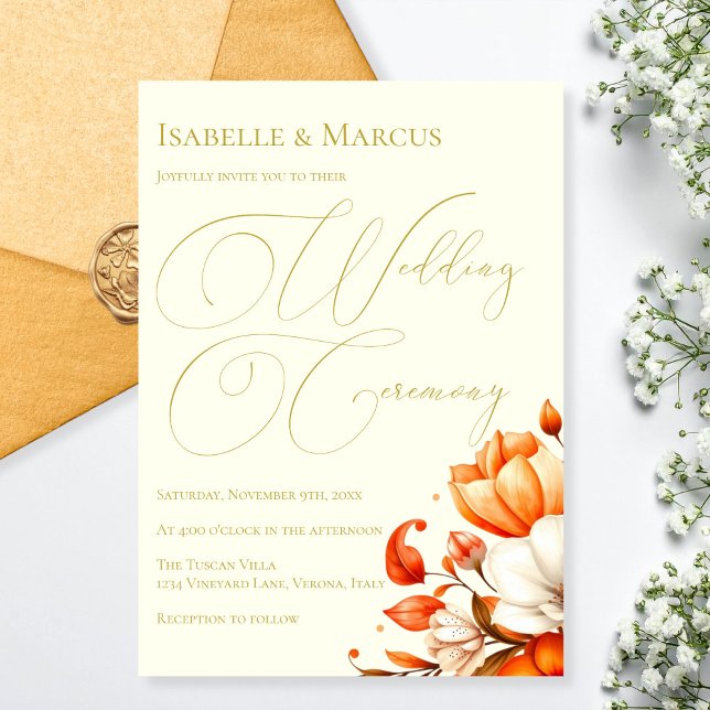 Elfenbens- och guldblommig bröllopsinbjudan inbjudningar (Ivory & Gold Floral Wedding Invitation)