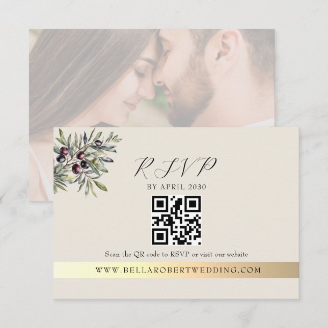 Elfenbens Oliv Foto QR Bröllop OSA Kort (Fram/baksida)