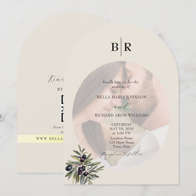 Elfenbens Olive Bågformad Foto Monogram Bröllop Inbjudningar (Fram/baksida)