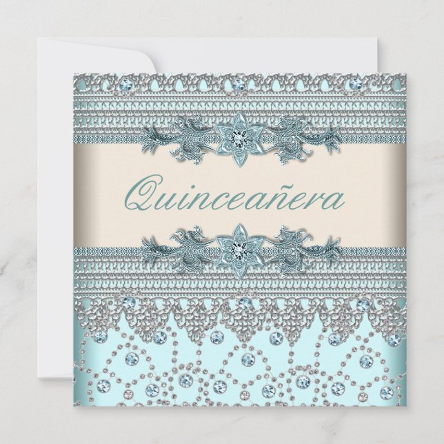 Elfenbens Teal Blå Quinceanera Inbjudningar (Framsida)