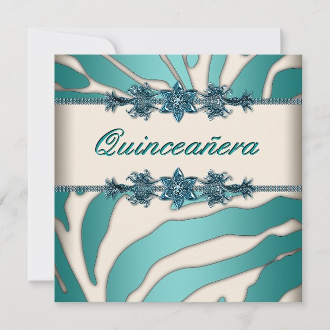 Elfenbens Teal Blå Zebra Quinceanera Inbjudningar (Framsida)
