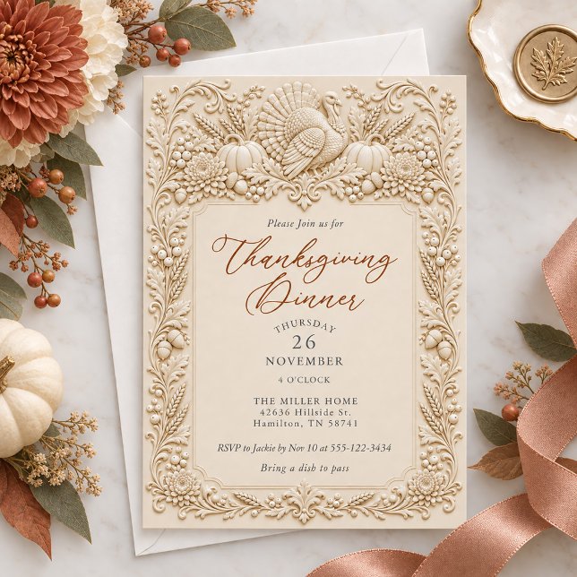 Elfenbens Turkiet Skript Tacksaytnings Middag  Inbjudningar (Ivory Turkey Script Thanksgiving Dinner Invitation)
