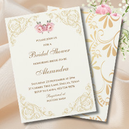 Elfenbens Vintage Blommig Rosa Pion Bröllopsdusch Inbjudningar