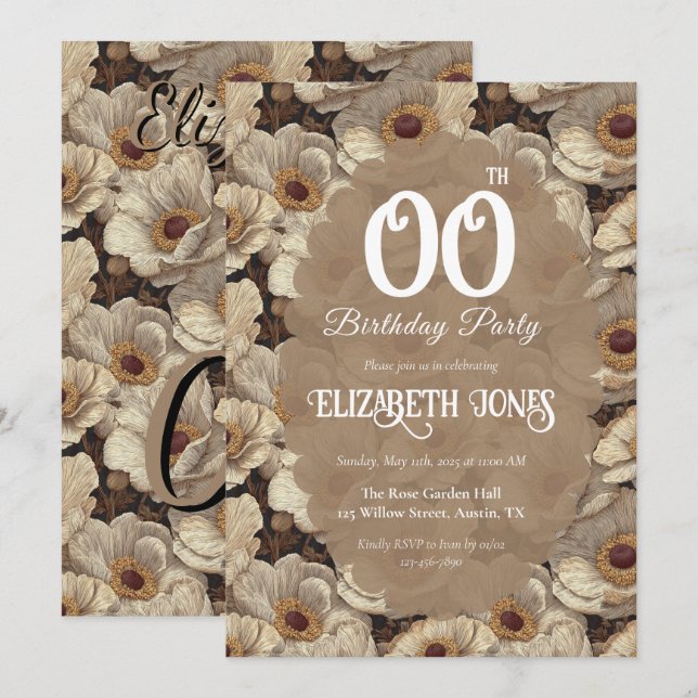 Elfenbensanemoner födelsedagspresent åt farfar inbjudningar (Fram/baksida)