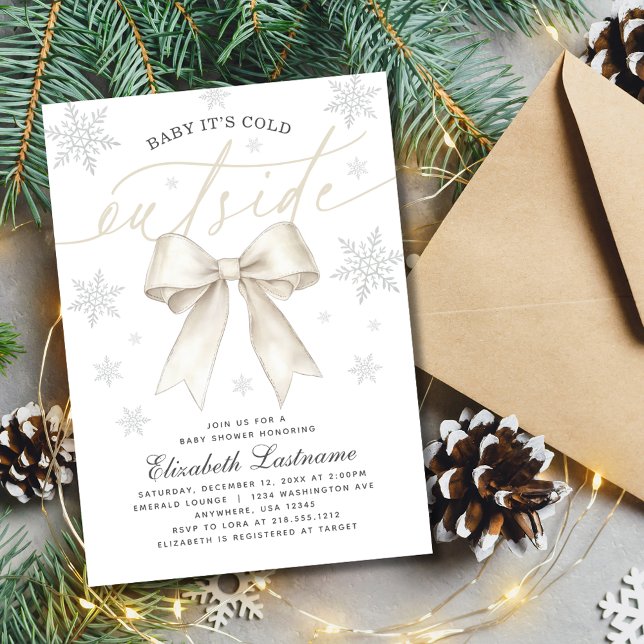 Elfenbensbåge Baby Det Är Kallt Utanför Vinter Bab Inbjudningar (Ivory Bow Baby Its Cold Outside Winter Baby Shower Invitation
Cream Bow Baby Its Cold Outside Invite)