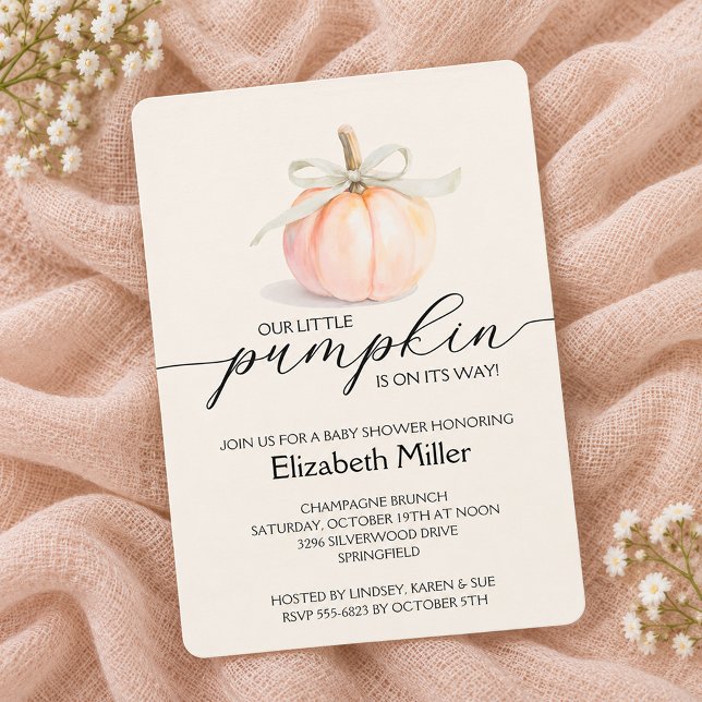 Elfenbensbåge Liten Pumpa Baby Shower Inbjudningar (Ivory ribbon and bow pumpkin baby shower invitations, PRINTED and/or INSTANT DOWNLOAD)