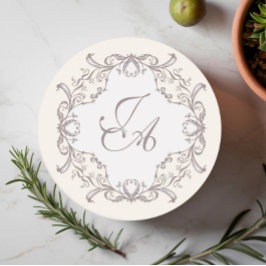 Elfenbensbarock Monogram Brölllops Coaster Underlägg Papper Rund