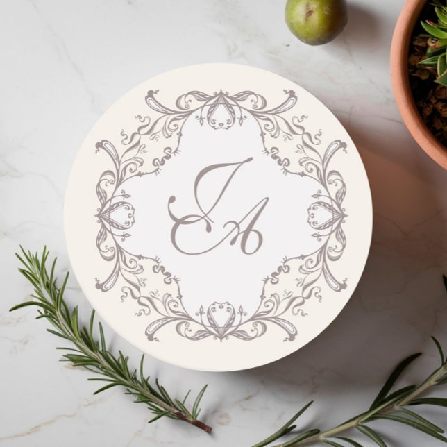 Elfenbensbarock Monogram Brölllops Coaster Underlägg Papper Rund (Skapare uppladdad)