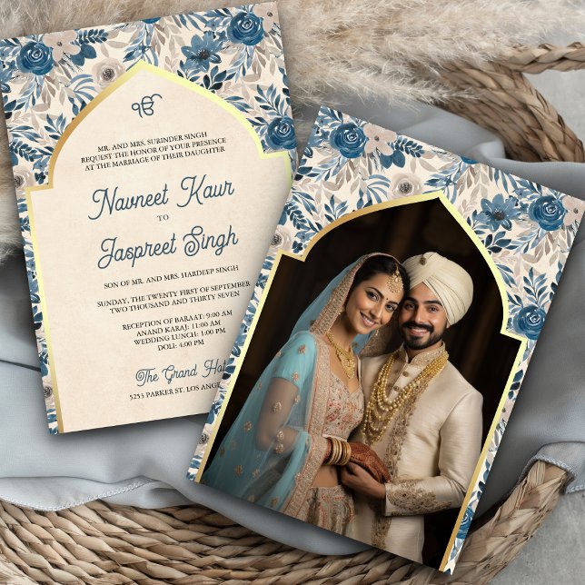 Elfenbensblå blomsterfotografi Anand Karaj Sikh Br Inbjudningar (Skapare uppladdad)