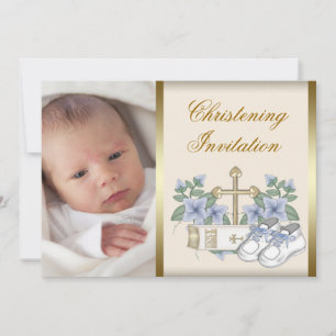 Elfenbensblå guld baby pojke foto dop inbjudan
