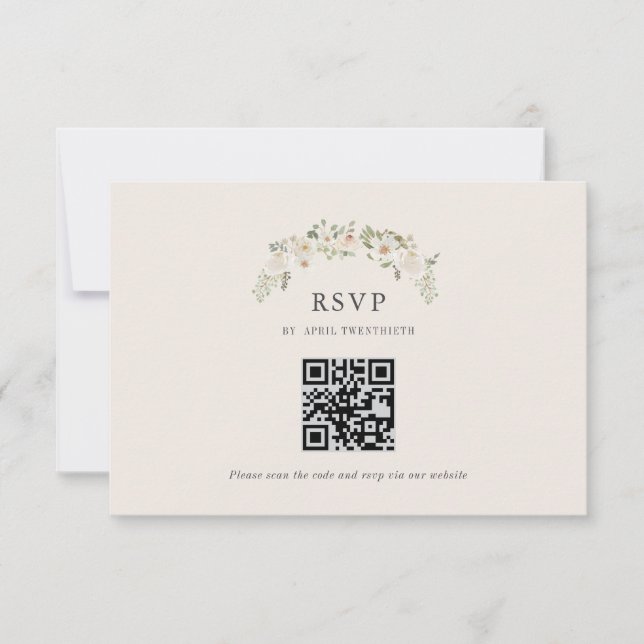 Elfenbensblommig trädgård Bröllop RSVP QR-kod Kort (Framsida)