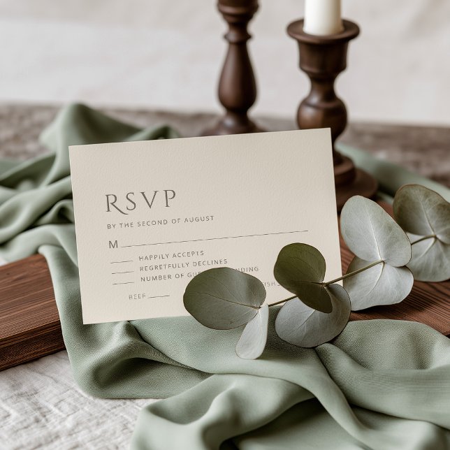 Elfenbensbrun bröllops-RSVP-kort med måltidsval Anteckningskort (Minimalist Taupe and Ivory RSVP Card)