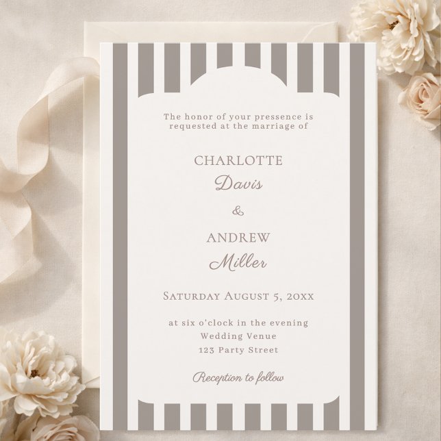 Elfenbensbrun neutral randig bröllopsinbjudan  inbjudningar (Skapare uppladdad)
