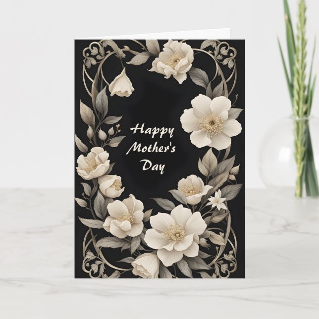 Elfenbensfärgad blommig krans till mors dag helgkort (Framsida)