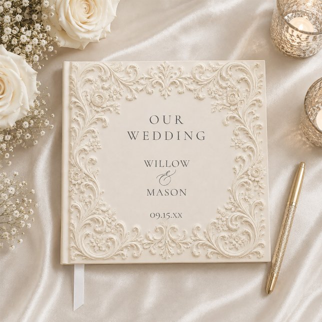 Elfenbensfärgad blomsterklassisk brölloppsfest gästböcker (Ivory Floral Elegant Classic Wedding Guest Book)