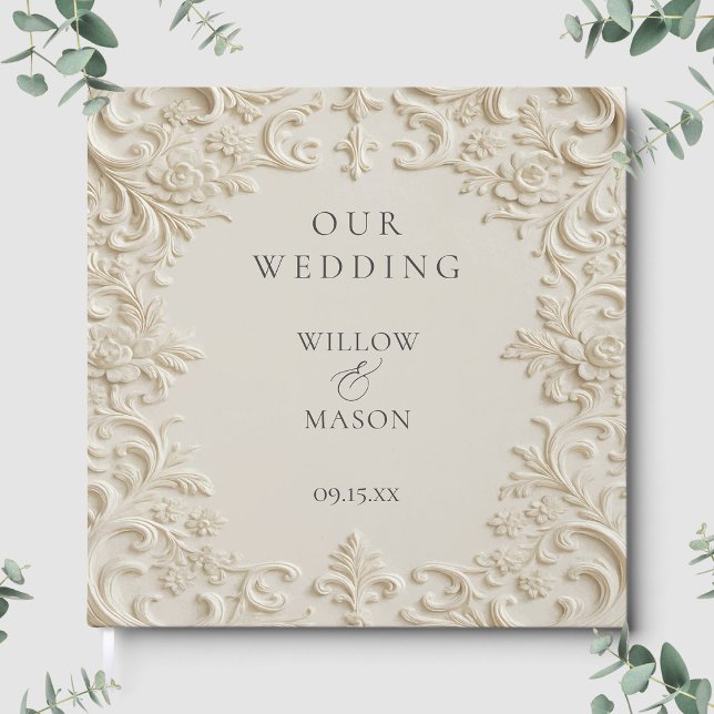 Elfenbensfärgad blomsterklassisk elegant bröllopsf gästböcker (Ivory Floral Elegant Classic Wedding Guest Book)