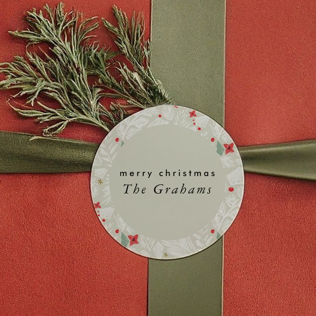 Elfenbensfärgad botanisk julfirande runt klistermärke (Ivory Festive Botanical Holiday Classic Round Sticker)