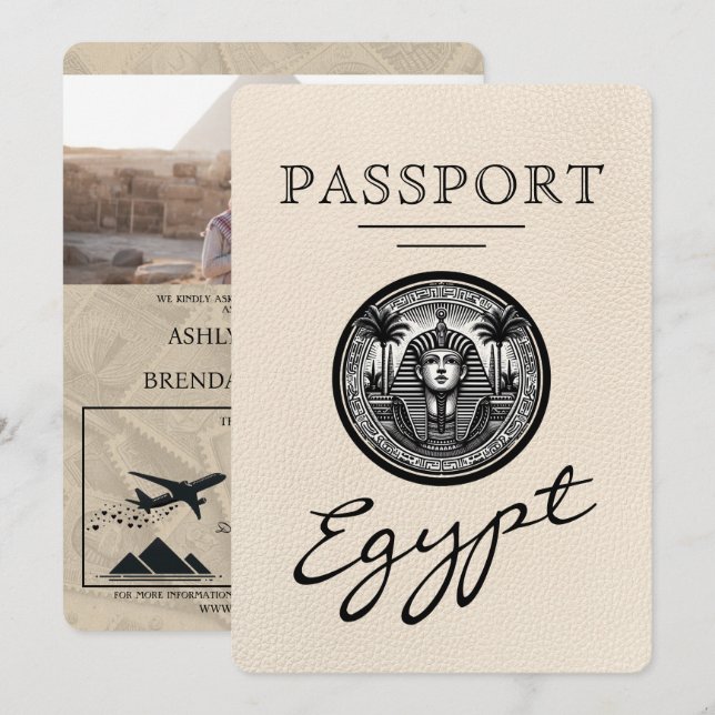 Elfenbensfärgad egyptisk vigselresa inbjudningar (Fram/baksida)