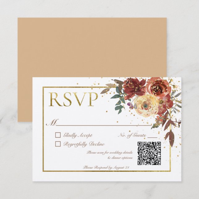 Elfenbensfärgad höstblomsterbukett med guld QR-kod OSA Kort (Fram/baksida)
