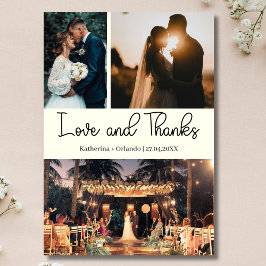 Elfenbensfärgad Love & Thanks Tre Foto Bröllop Kort