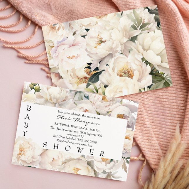 Elfenbensfärgad Peony Blommig Neutral Bebis-fest Inbjudningar (Skapare uppladdad)