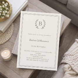 Elfenbensfärgad taupe monogram krans lyxig födelse inbjudningar