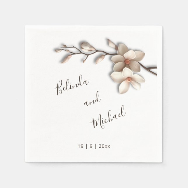 Elfenbensfärgade 3D Magnoliablommor | Bröllop Pappersservett (Framsidan)