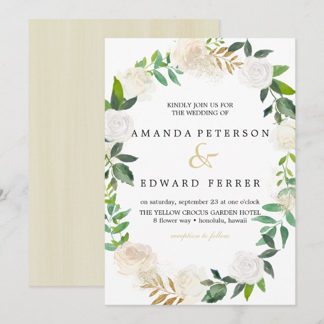 Elfenbensfärgade blommor  Rosor krans vigsel brud  Inbjudningar (Fram/baksida)