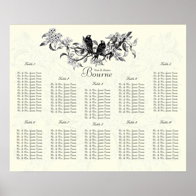Elfenbensfärgade Fåglar Sittplatskarta Bordnummer  Poster (Framsidan)