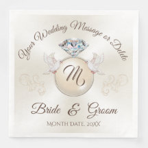 Elfenbensfärgade monogram bröllopservetter, diaman