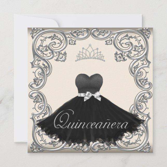 Elfenbensfärgade svarta Quinceanera-inbjudningar Inbjudningar (Framsida)