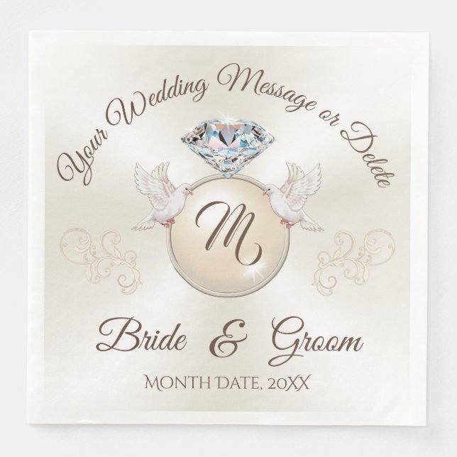 Elfenbensfärgade vigselservetter med monogram, dia pappersservett (Framsida)