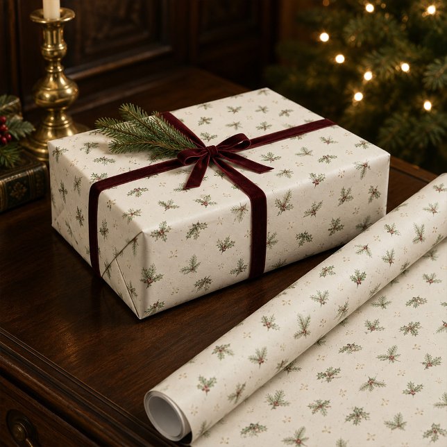 Elfenbensfärgat julpapper med botaniskt tryck (Ivory Botanical Christmas Wrapping Paper)