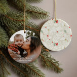 Elfenbensfoto, botaniskt foto julgransprydnad keramik<br><div class="desc">En glad,  handmålad festiv botanisk fotokeramisk prydnadsämne. Anpassa med ditt eget familjefoto och namnteckning att hålla jämna steg år efter år!</div>