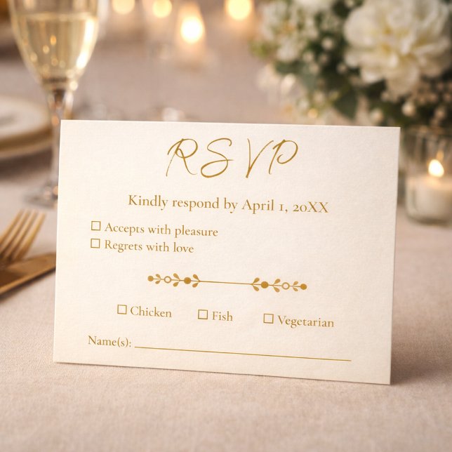 Elfenbensguld 50-års bröllopsfirande svarsbrevskor OSA kort (A warm dinner setting showcasing the RSVP card in an elegant event atmosphere.)