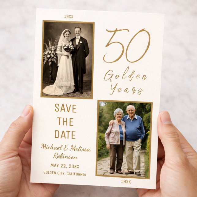 Elfenbensguld 50-årsjubileum Save the Date Vykort (Classic 50th wedding anniversary save the date postcard)