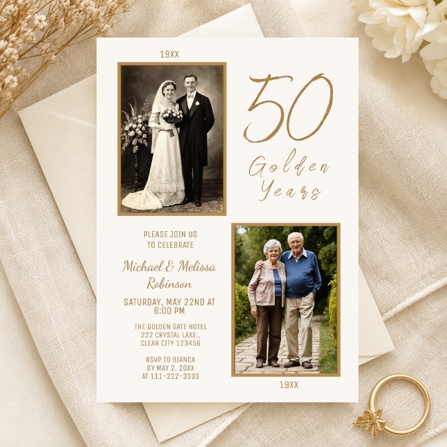 Elfenbensguld 50 Gyllene År Foto Jubileum (Then & Now Anniversary Invitation)