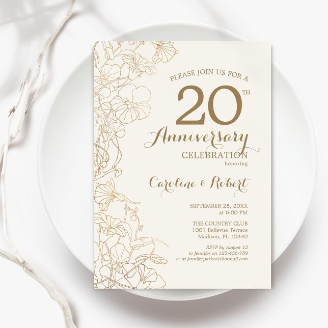 Elfenbensguld Blommig 20-årsjubileum Inbjudningar (Skapare uppladdad)