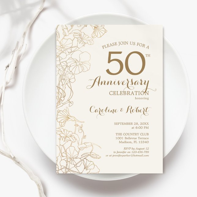 Elfenbensguld Blommig 50-årsjubileum Inbjudningar (Skapare uppladdad)