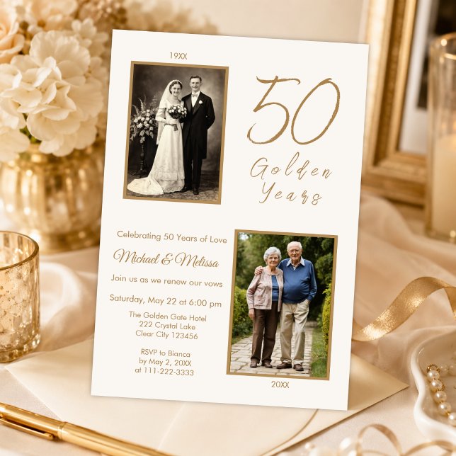 Elfenbensguld Förnyelse av Löfte Foto Inbjudan (Elegant ivory gold vow renewal invitation with photo timeline for a meaningful 50th celebration)