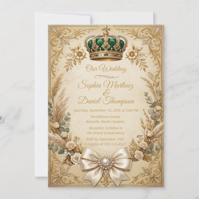 Elfenbensguld Krona Pampas Elegant Royal Boho Inbjudningar (Framsida)