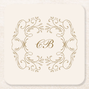 Elfenbensguld Monogram Blomstrande Krans Bröllops Underlägg Papper Kvadrat